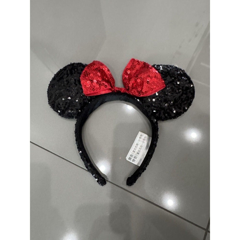 Disney Parks Genuine Red Bow Minnie Mickey Mouse Sequin Black Ears Headband